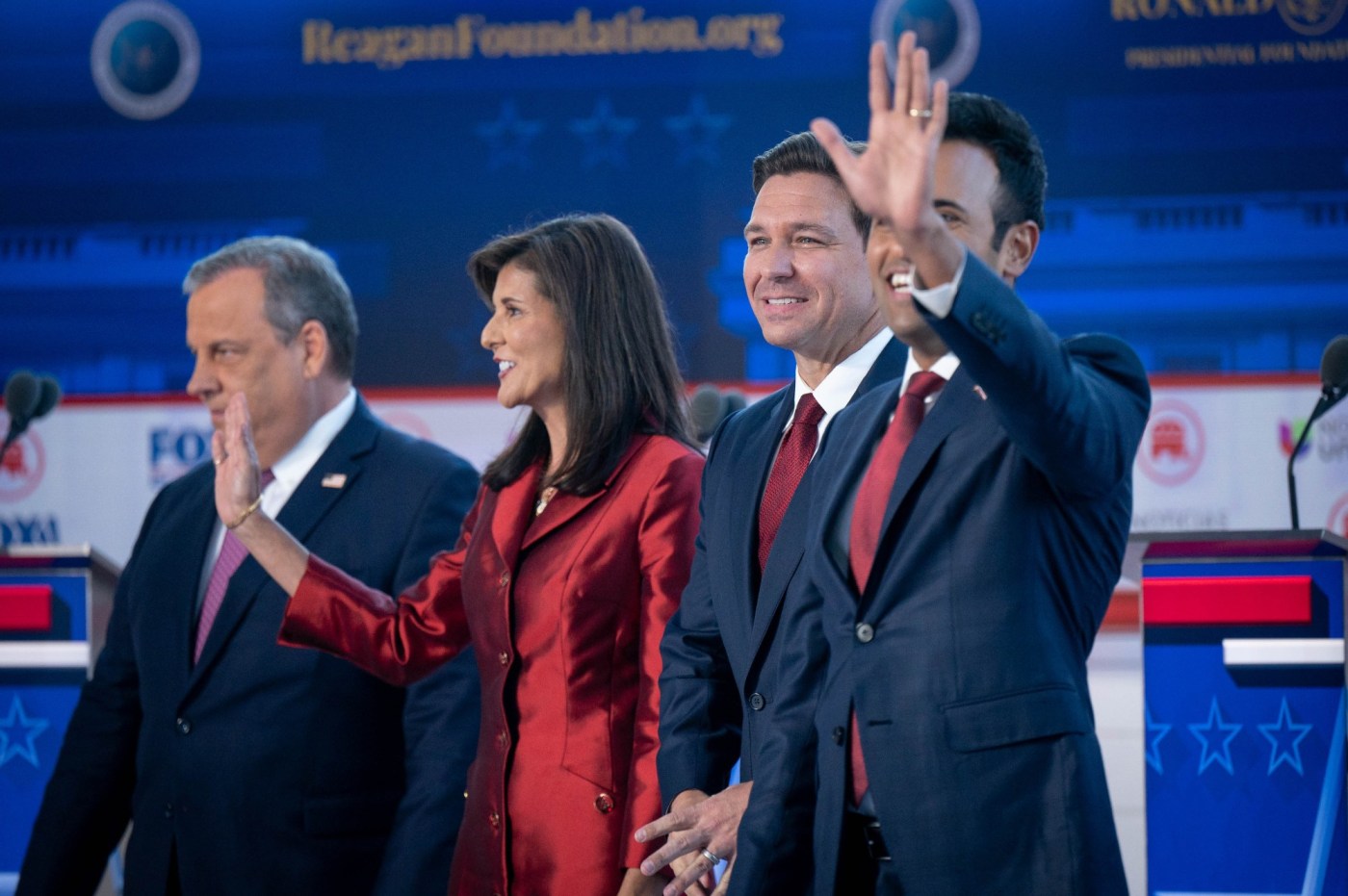 Republican Presidential Candidates, L to R; Chris Christie, Nikki Haley Ron Desantis and Vivek Ramaswamy arrive for the start of the second GOP debate at the Ronald Reagan Presidential Library in Simi Valley, CA, Wednesday, September 27, 2023. (Photo by David Crane, Los Angeles Daily News/SCNG)