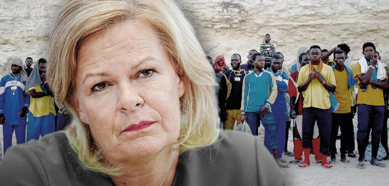 Innenministerin Nancy Faeser (SPD); afrikanische Migranten auf Lampedusa picture alliance/dpa/Kay Nietfeld; Reuters/Yara Nardi; Montage: Infografik WELT