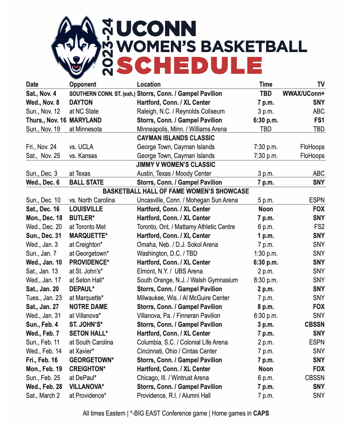 UConn women’s basketball releases full 202324 schedule