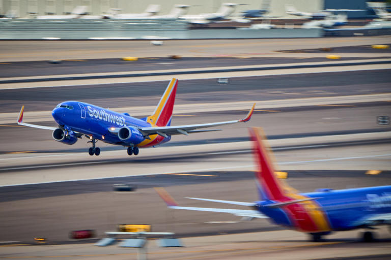 A Southwest Airlines flight takes off from Phoenix Sky Harbor International Airport on Feb. 13, 2023.