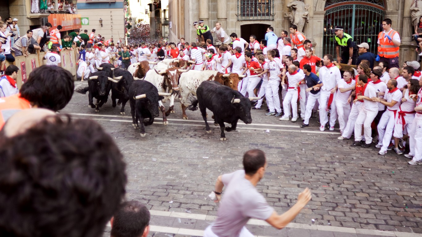 <p><strong>> Location:</strong> Pamplona, Spain</p> <p>This yearly tradition every July attracts around 2,000 participants, who run through the streets ahead of a dozen bulls. Every year hundreds are injured by falls, trampling, and goring. While deaths are infrequent, 16 people have lost their lives in the event since 1910.</p> <p><span><strong><a href="https://247wallst.com/special-report/2022/10/01/states-where-youre-most-likely-to-be-killed-by-an-animal-or-bug/?utm_source=msn&utm_medium=referral&utm_campaign=msn&utm_content=states-where-youre-most-likely-to-be-killed-by-an-animal-or-bug&wsrlui=471944410">ALSO READ: States Where You’re Most Likely to be Killed by an Animal or a Bug</a></strong></span></p>