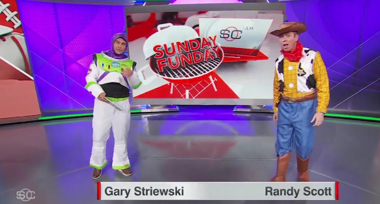 Gary Striewski and Randy Scott in Toy Story costumes on SportsCenter.