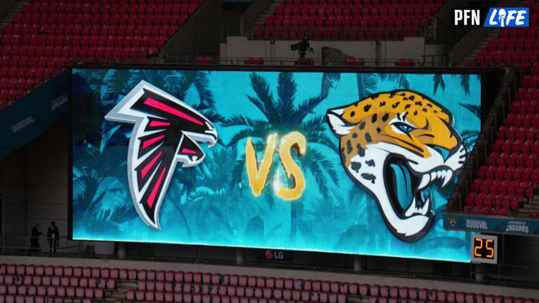 The Atlanta Falcons and Jacksonville Jaguars logo on the video board during an NFL International Series game at Wembley Stadium.