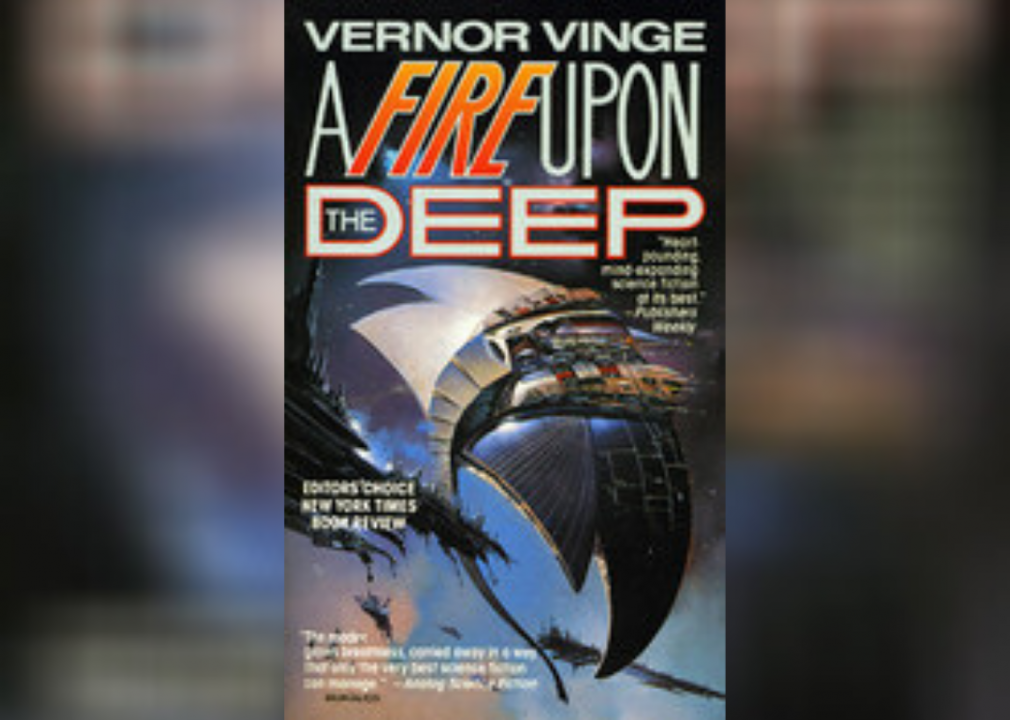 <p>- Author: Vernor Vinge<br> - Date published: 1992</p>  <p>Vernor Vinge's space opera "<a href="https://www.goodreads.com/book/show/77711.A_Fire_Upon_the_Deep?from_search=true&from_srp=true&qid=IOzCxnmKBe&rank=1">A Fire Upon the Deep</a>" takes place in a world where one's location in space determines their intelligence. When a dangerous power is unleashed during an intergalactic war, two children are kidnapped, and a group of beings of all types and levels of intelligence sets out to save them and restore order to their collective world.</p>