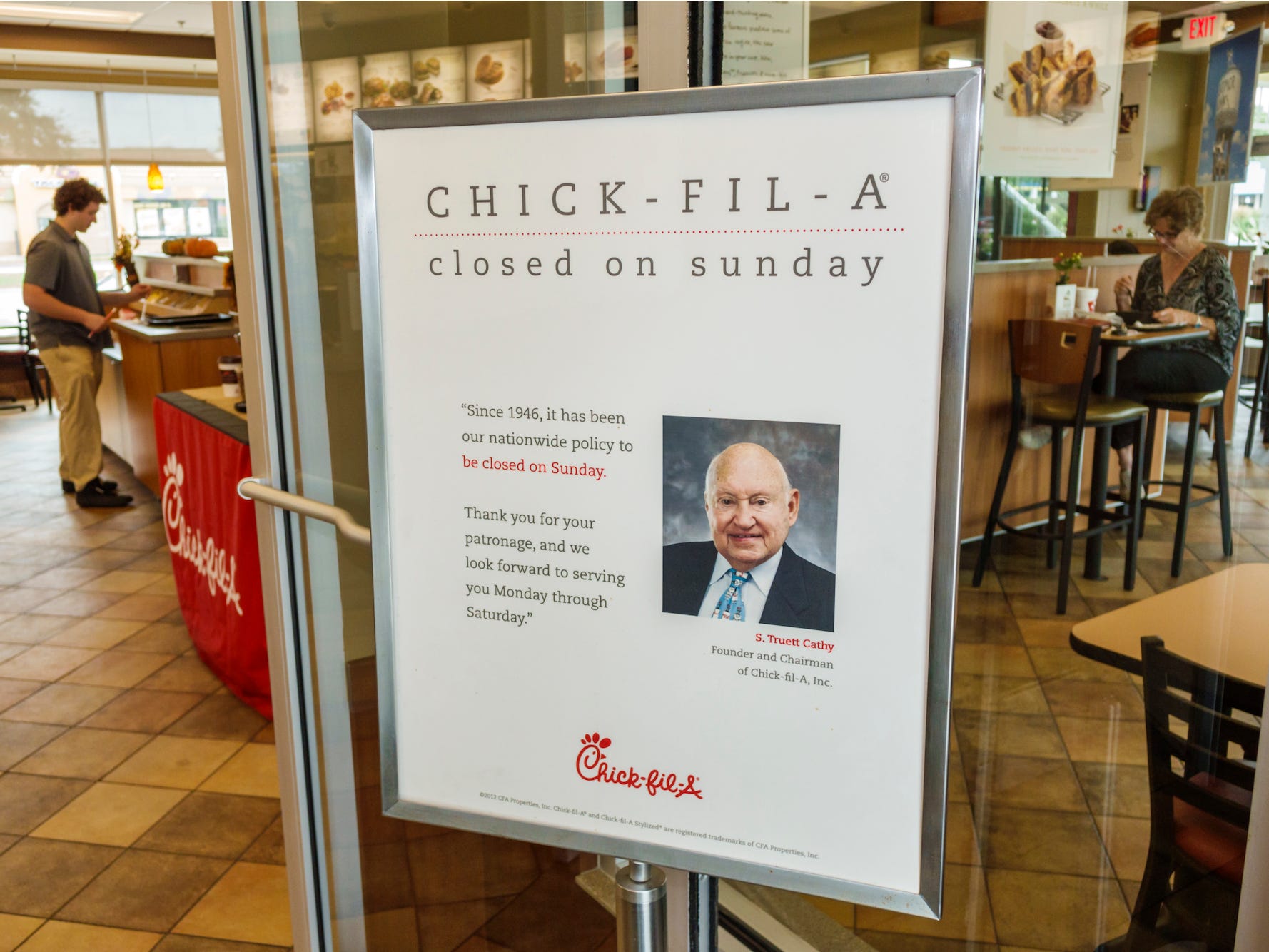 <p>Restaurant openings often include prayer, and employees are advised "to base your business in biblical principles."</p><p>"Truett Cathy always maintained he wasn't in the chicken business, but the people business," the chain said. </p><p><em><strong>Source</strong>: <a href="https://www.forbes.com/profile/cathy/#2d3dc81a2e94" rel="noopener">Forbes</a>, <a href="https://www.businessinsider.com/meet-chick-fil-a-founder-s-truett-cathy-2012-7#chick-fil-a-has-grown-into-a-massive-restaurant-empire-and-cathy-has-become-a-self-made-billionaire-2" rel="noopener">Business Insider</a>, <a href="https://www.wsj.com/articles/SB10000872396390444840104577553341868014390" rel="noopener">The Wall Street Journal</a></em></p>