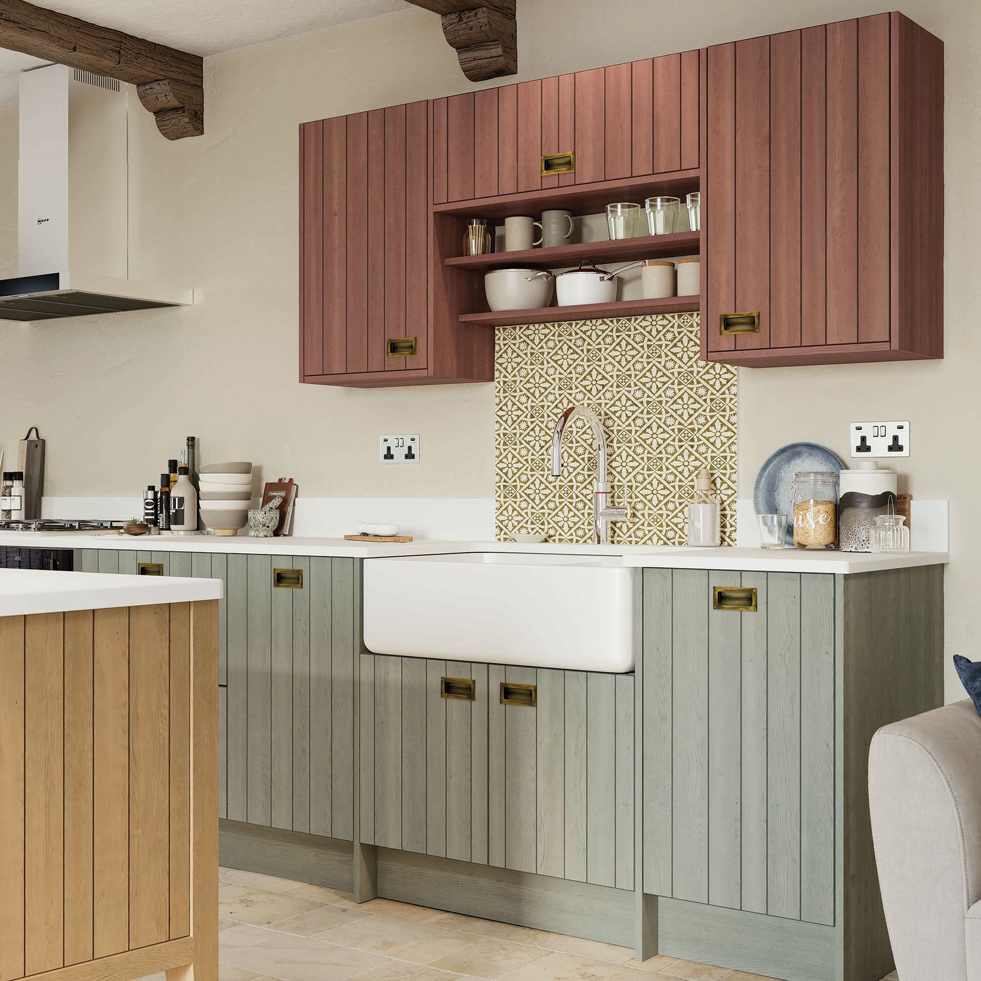 <p>                     Natural materials are at the front and centre of country kitchen ideas. However, you don't have to stick with exactly what nature offers you.                   </p>                                      <p>                     Timber cabinetry can show off its natural beauty just as well but with added interest through colours. Look to stains which don't cover up the pretty natural imperfections and permutations. Try using a couple of different colours across the cabinetry - tiled splashbacks are a great way to link them together.                   </p>