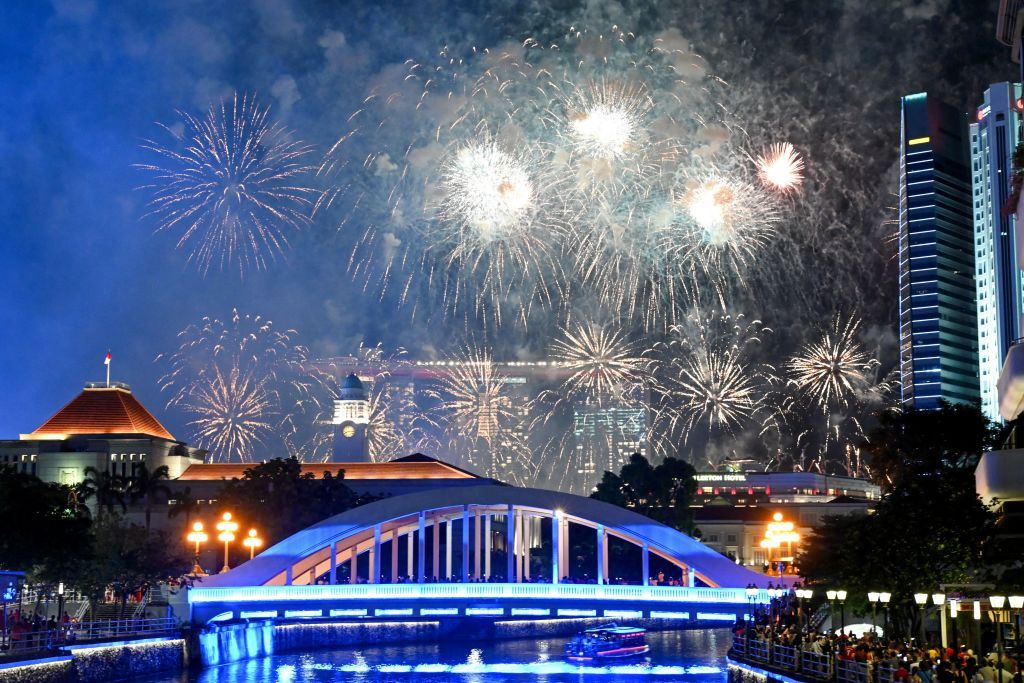 <p>Fireworks burst above Singapore’s skyline during the country’s 58th National Day festivities.</p>