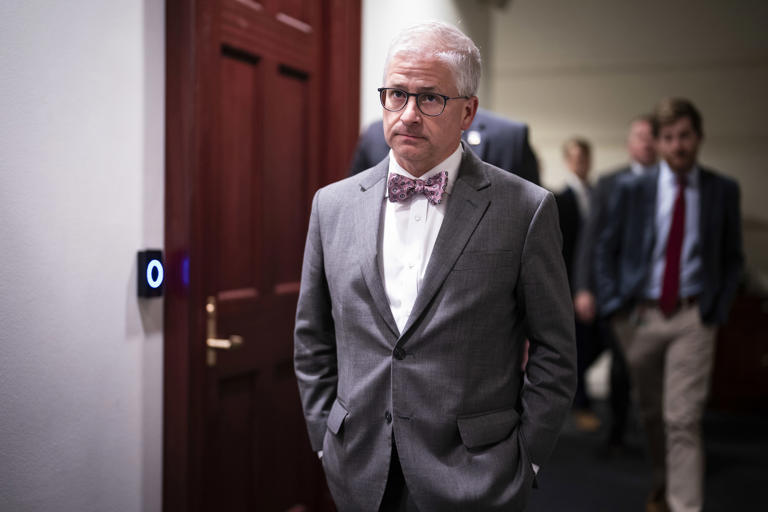 House Speaker Pro Tempore Patrick T. McHenry (R-N.C.), walks to a Republican Caucus meeting after the House voted to remove Rep. Kevin McCarthy (R-Calif.) from the speaker's role at the U.S. Capitol on Oct. 3, 2023. (Photo by Jabin Botsford/The Washington Post)