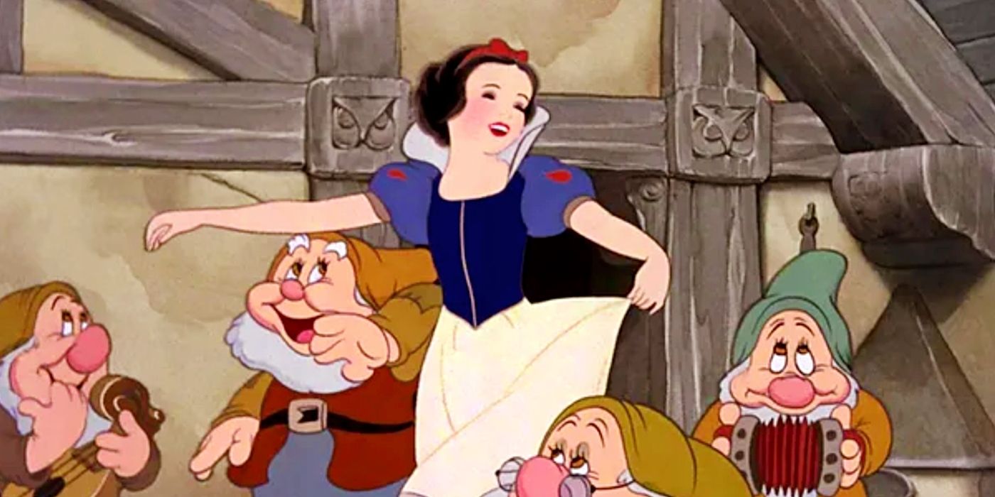 Snow White dancing with the Dwarfs in Snow White and the Seven Dwarfs.