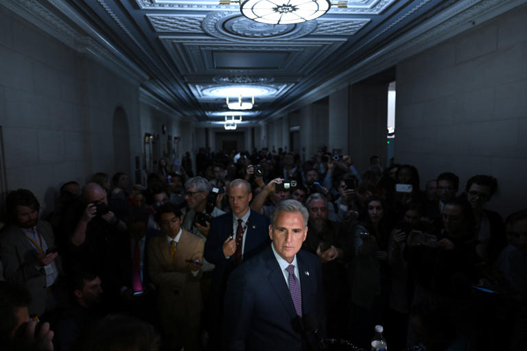 Former House speaker Kevin McCarthy (R-Calif.) addresses reporters on Capitol Hill on Tuesday.