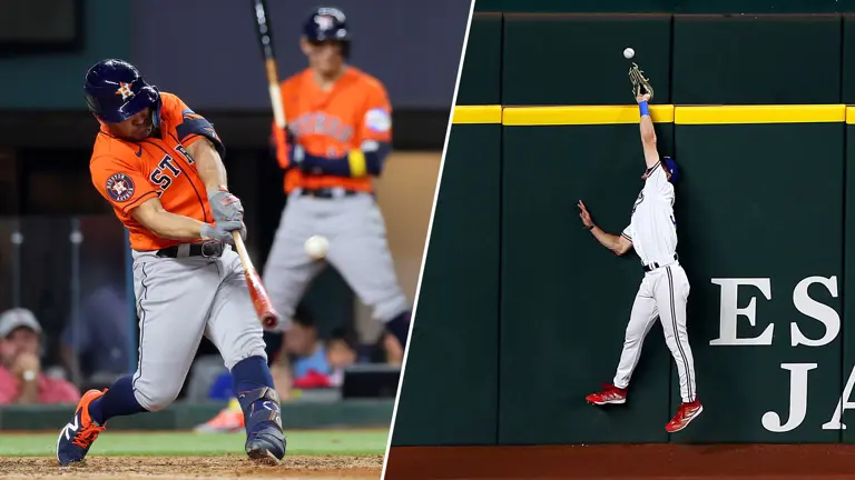 Jose Altuve blasts a three-run homer in the top of the ninth, the ball just eluding the glove of Evan Carter in left field to give the Astros a 5-4 lead and the final score. Stacy Revere/Getty Images :: Richard Rodriguez/Getty Images