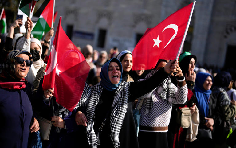 Protesters in Istanbul demonstrating against the Israel-Hamas war - Khalil Hamra/AP