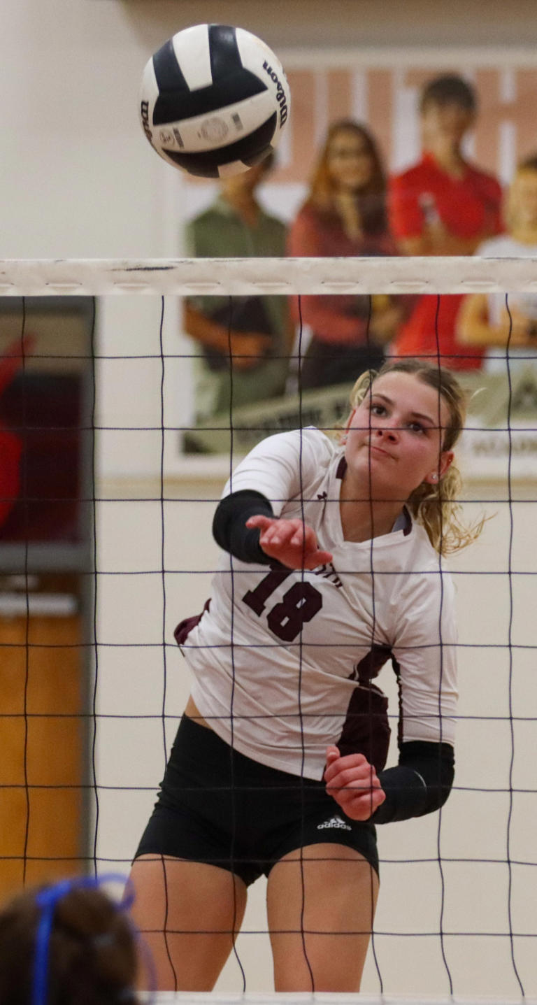 Faith's Aesha Vogt spikes the ball during the IHSAA volleyball game against the Southwood Knights on Oct. 21, 2023 at Southwood High School in Wabash, Ind. Southwood defeated Faith Christian in the regional championship, 3-1.