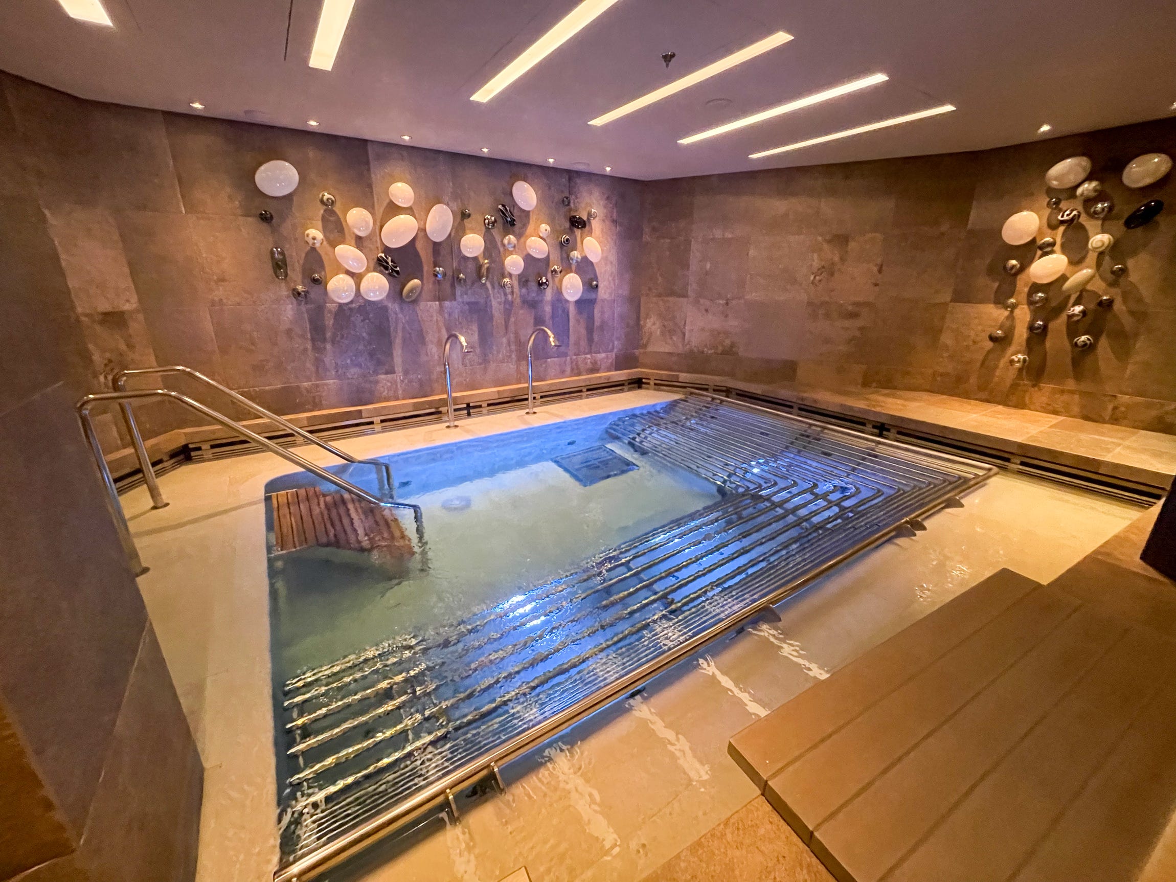 <p>This includes crystal-infused water, a sauna, a steam room, and a hydrotherapy pool (as if the ship's four other pools weren't enough).</p>