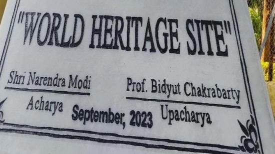 The plaque naming Prime Minister Narendra Modi at Visva Bharati University.