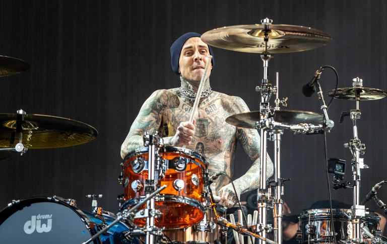 Blink-182 drummer Travis Barker performs April 14 during the Coachella Valley Music and Arts Festival in Indio, Calif.