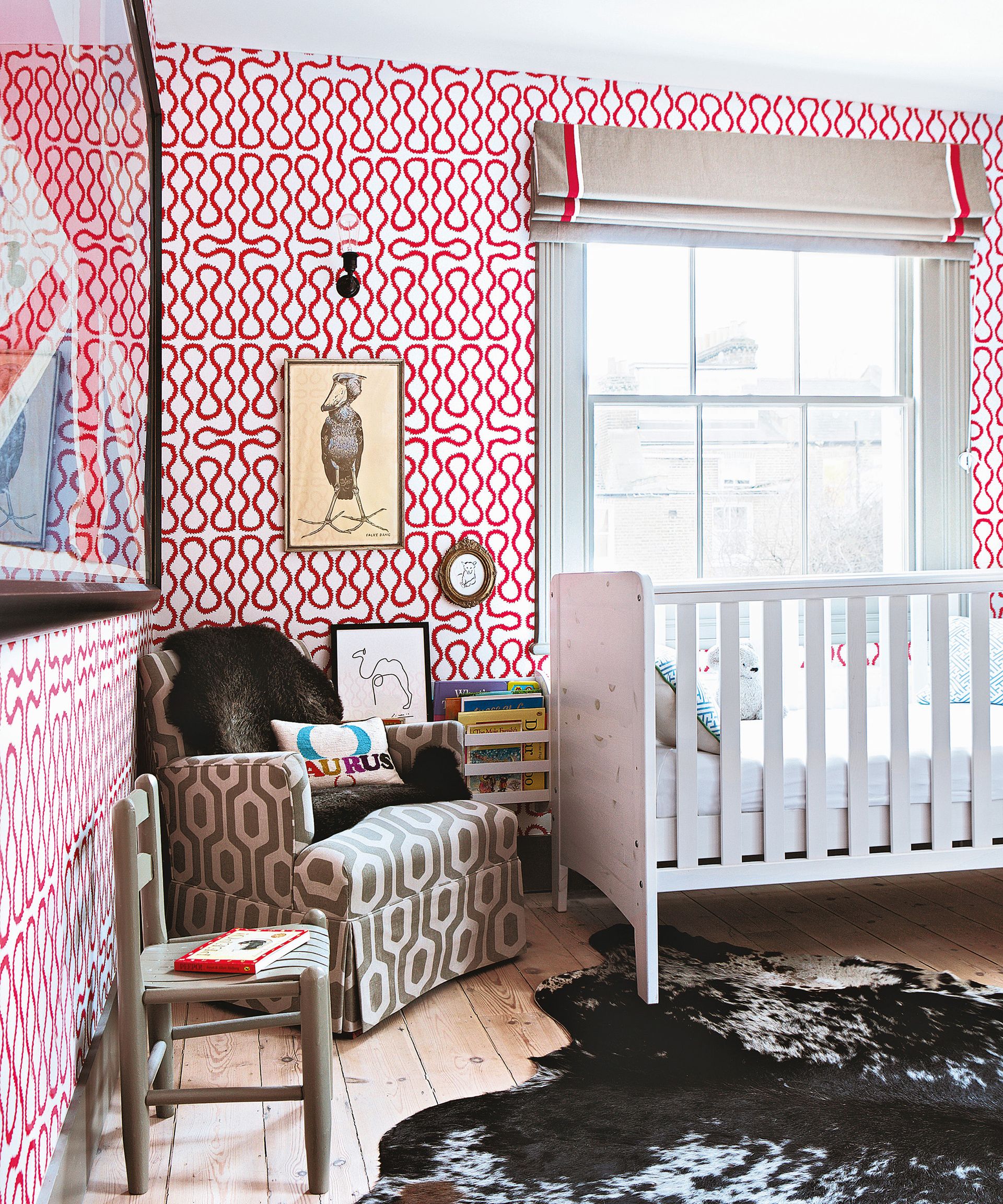 <p>                     If pastels aren’t your thing, it’s still perfectly possible to make bolder hues work in a nursery – you just need to apply a gentle touch.                   </p>                                      <p>                     Practice restraint when using brighter or deeper colors in a nursery and use them as accents over white. In this room, an exuberantly patterned wallpaper lays red tracks over a white background with a white crib, softening the red’s impact, while earthy neutrals are used across the rest of the room.                   </p>