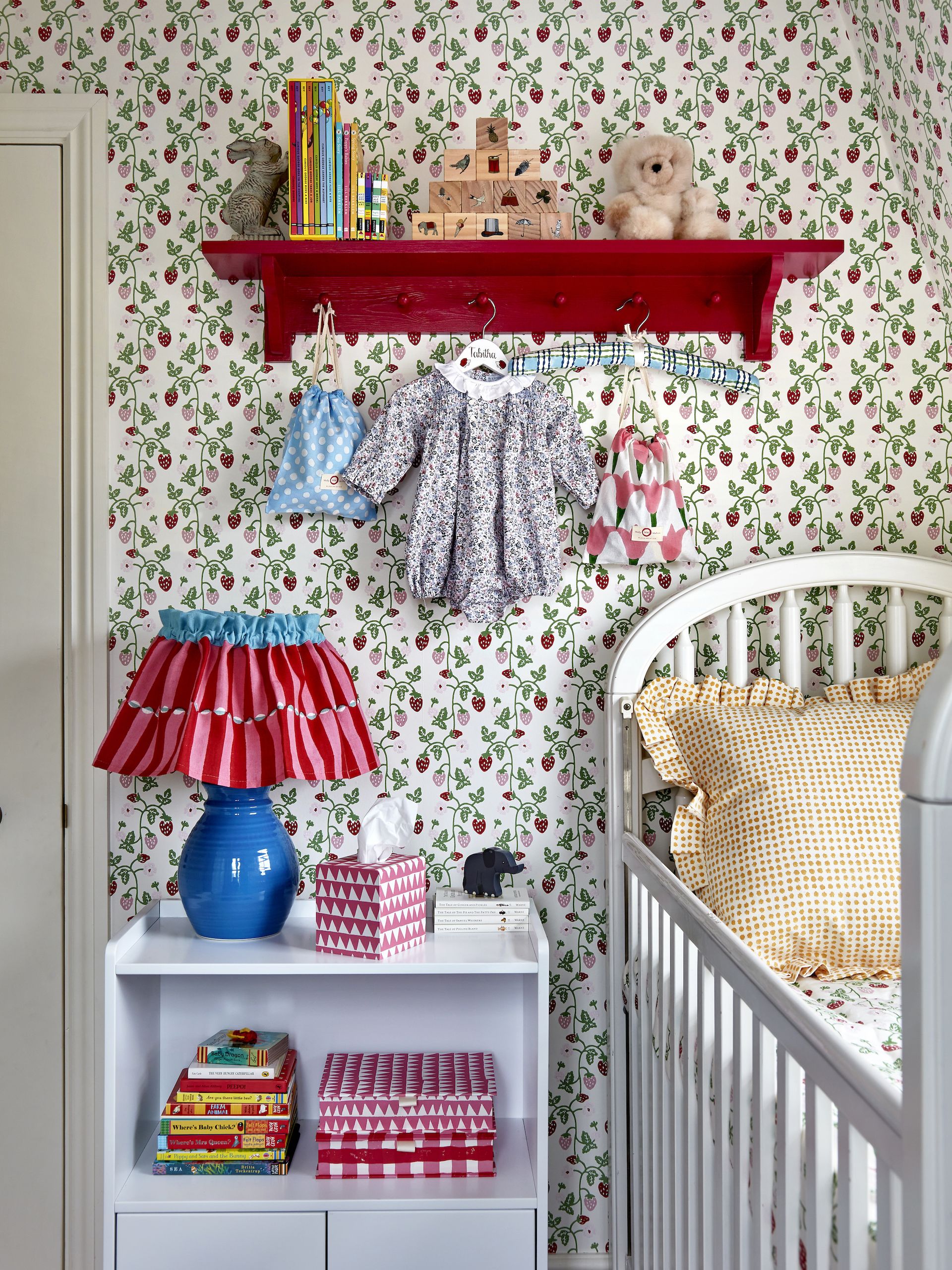 <p>                     Wallpaper is a wonderful way to add color, pattern and interest to your baby girl's nursery. Find a wallpaper that you also love and go wild with it.                   </p>                                      <p>                     'Nothing is more nostalgic than the site of sweet, fresh strawberries and their climbing grass green shoots,' says Molly Mahon, textile designer at Molly Mahon. 'This timeless design with its textural surface has such character that can last throughout a childhood and beyond! The bright pops of color make it easy to coordinate lighting and cushions to create a joyful, playful space.'                   </p>