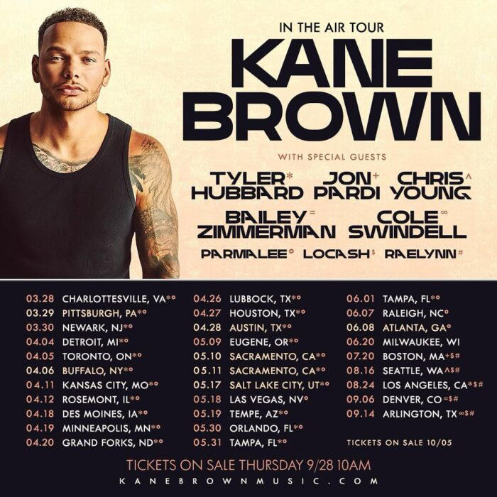 Kane Brown has announced 29 dates for his 2024 In The Air Tour. Starting early next year, the singer-songwriter is traveling all across the United States. This announcement comes not long after Brown completed the overseas leg of his Drunk or Dreaming Tour. He lit up the stage all over Europe, including London, Berlin and […]