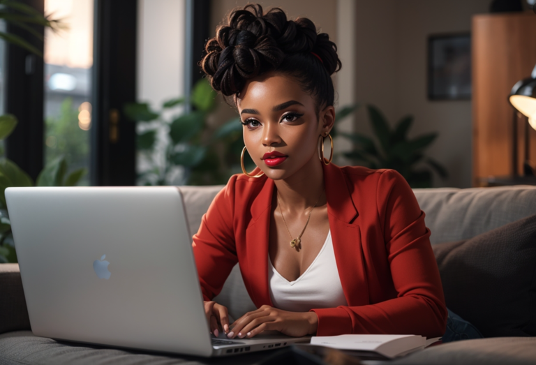 black woman with bun at home on couch working on laptop