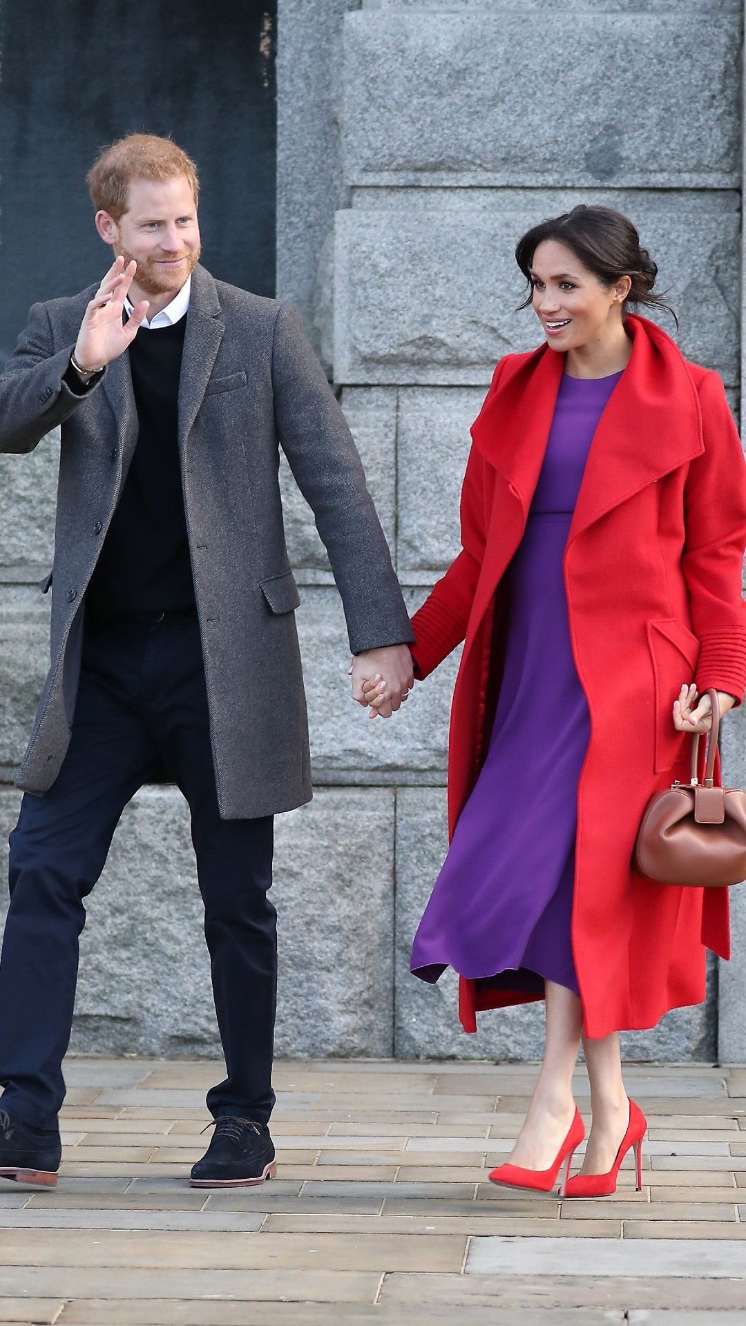 <p>                     The glowing Meghan and the proud father-to-be stepped out in January 2019 for their first joint engagement of the year. Meghan cheered up the wintry weather in Birkenhead with a bold red coat and purple dress.                   </p>