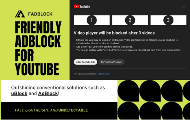 有神人開發出新型外掛「FadBlock」，可用50毫秒速度瞬間播完YT廣告，藉此迴避偵測。(圖／Google商店)