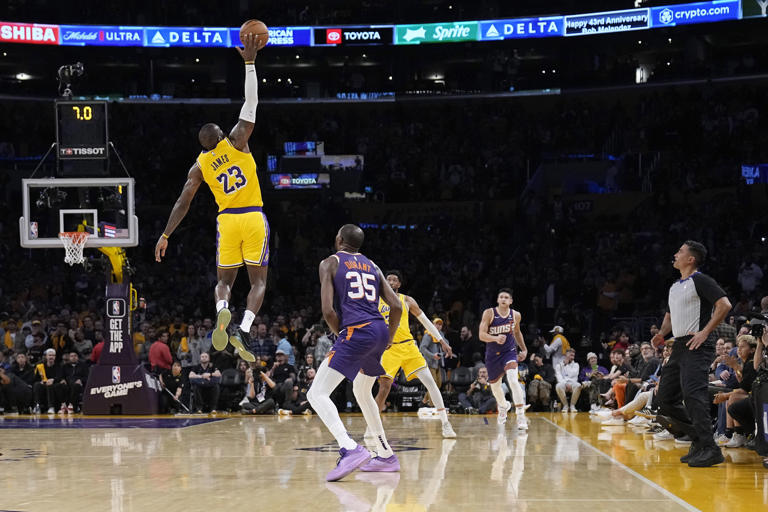 LeBron James flashed his peak athletic tools in a long-awaited showdown with Kevin Durant on Thursday. (Mark J. Terrill/AP)