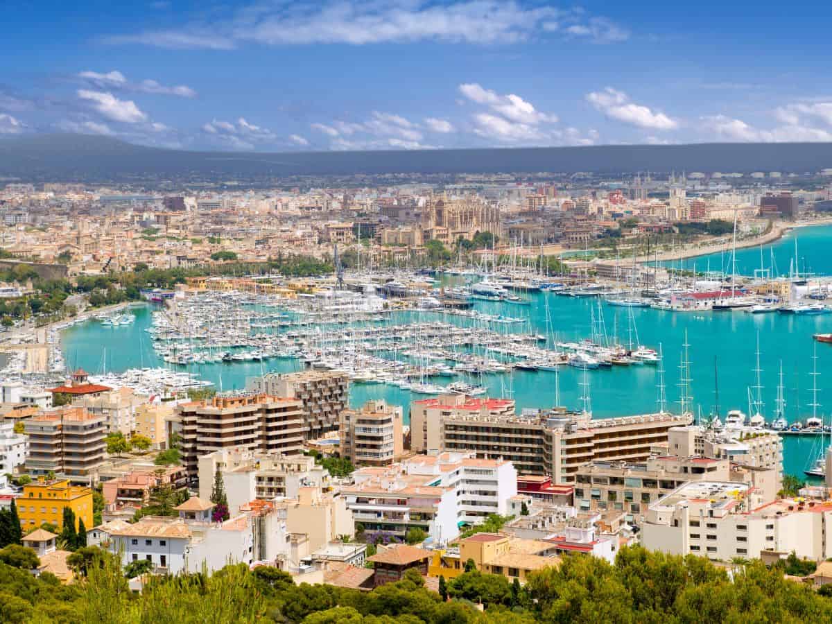 Aerial view of Palma Mallorca Cruise Port with ships docked and the surrounding cityscape.