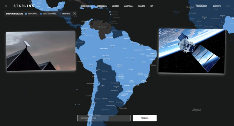 Rede de distribuição e cobertura da Starlink em partes da América do Sul. Imagem: Codav
