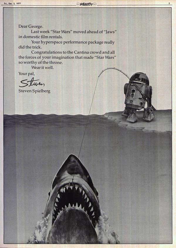 <p><span>In 1977, a momentous event occurred in the world of film: George Lucas' <em>Star Wars</em> overtook Steven Spielberg's<em> Jaws</em> at the box office. To commemorate this historic occasion, Steven Spielberg took out an ad in Variety to congratulate his friend and colleague on his success. The ad read a short but heartfelt message that reflected their friendship and mutual respect for each other's work. It was a testament to the power of cinema and how two filmmakers could come together to create something truly special.</span></p>