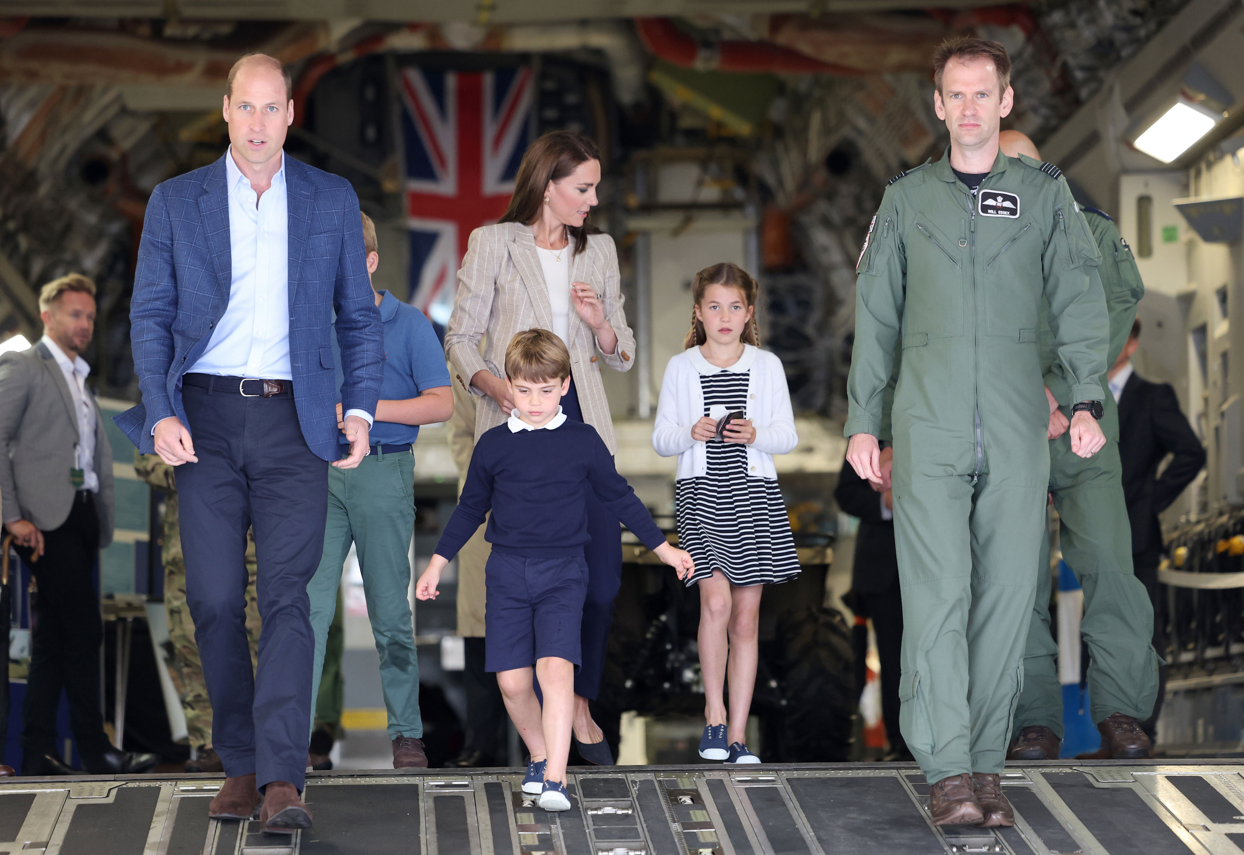 <p><a href="https://www.wonderwall.com/celebrity/profiles/overview/prince-william-482.article">Prince William</a> and Princess Kate brought Prince George, Prince Louis and Princess Charlotte to check out the inside of a Royal Air Force C-17 plane during a visit to the Air Tattoo at RAF Fairford in Fairford, England, on July 14, 2023.</p>