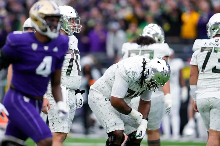 Oregon offensive lineman Steven Jones react after a missed field goal by Camden Lewis on the final play of the team's loss to Washington, Saturday, Oct. 14, 2023, in Seattle.