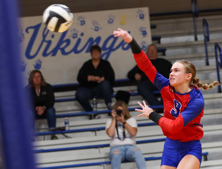 Sara Zarse spikes the ball during the IHSAA volleyball game against the Frontier Falcons on Oct. 14, 2023 at North White High School in Monon, Ind. Tri-County defeated Frontier in sectional play, 3-2.