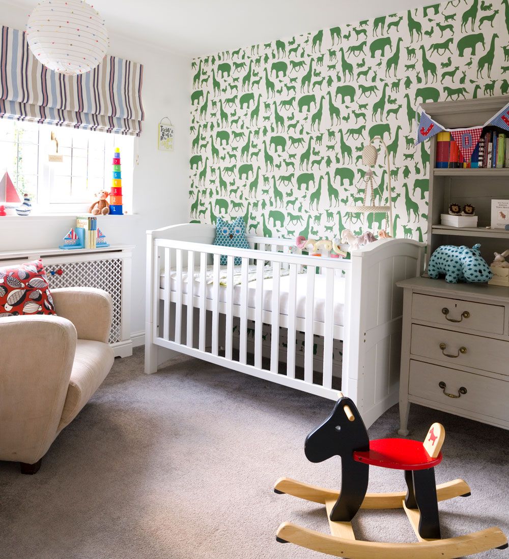 <p>                     Break up a safe white base with an injection of pattern on one wall and through soft furnishings. Add hints of colour with painted furniture to add another dimension to the overall colour scheme. Keeping the main baby furniture pieces in white, such as the cot means it's easier to sell on once you need to upgrade to a toddler baby.                   </p>