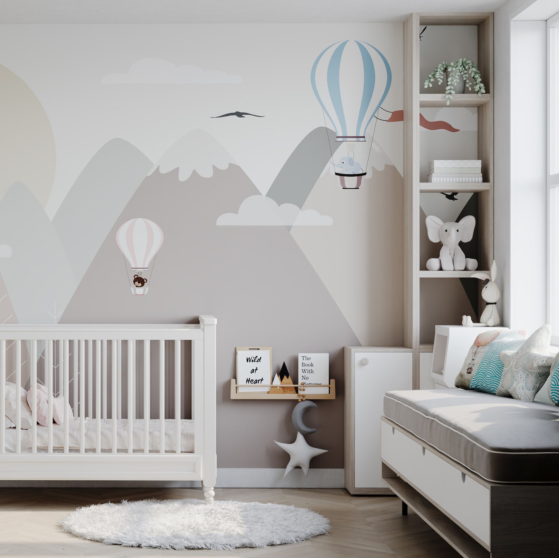 <p>                     If you've gone for a gorgeous wall mural you'll want to be able to see it, without cluttering the nursery with too much furniture. So opt for clever toy storage and other storage solutions, such as a seating and storage unit that's combined.                   </p>                                      <p>                     A sturdy piece, like the one here, gives you somewhere to sit and nurse your baby, with space to store blankets, and other bits you need in drawers or shelves below.                   </p>
