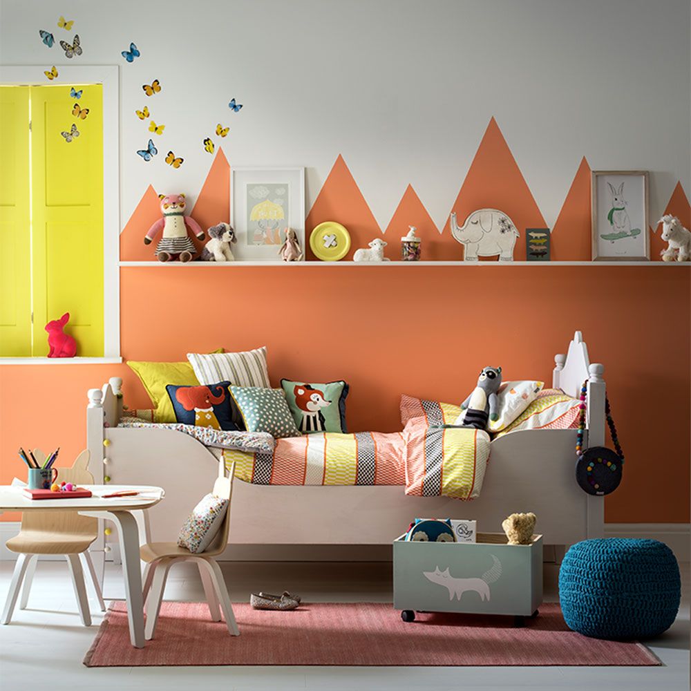 <p>                     'You don't need to be an artist to be able to create great mural feature walls for your kids,' says Justyna Korczynska, senior graphic designer at Crown Paints. 'One of the simplest ideas is a mountain-scape.                   </p>                                      <p>                     'All you need is two paint colours and some masking tape. Create simple triangular mountain shapes for the bottom half of the wall and paint it in a contrasting shade. To add some more layers just paint more triangle shapes in another colour.                   </p>                                      <p>                     'The mountain-scape could then be kept simple as a main wall feature or as a background for some more painted details or stencils.'                   </p>