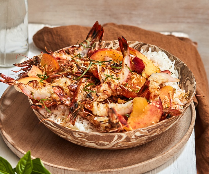 Grilled prawns with coconut rice and peach sambal