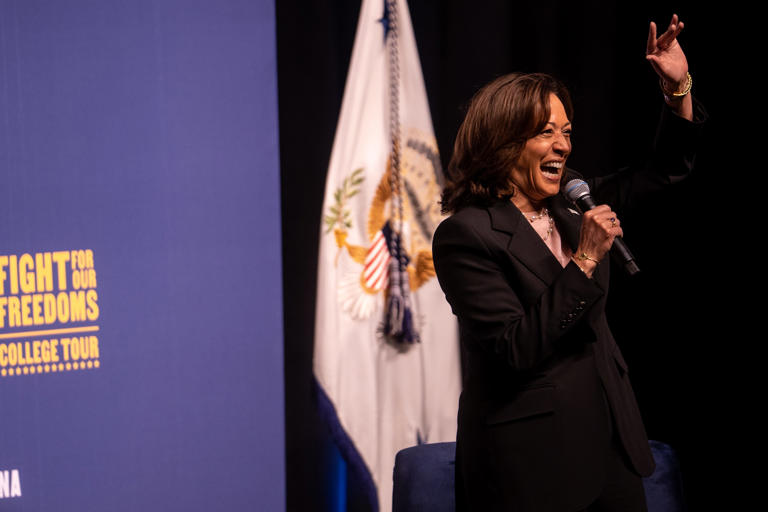 U.S. Vice President Kamala Harris arrives to her ‘Fight For Our Freedoms’ college tour at Northern Arizona University in Flagstaff on Oct. 17, 2023.
