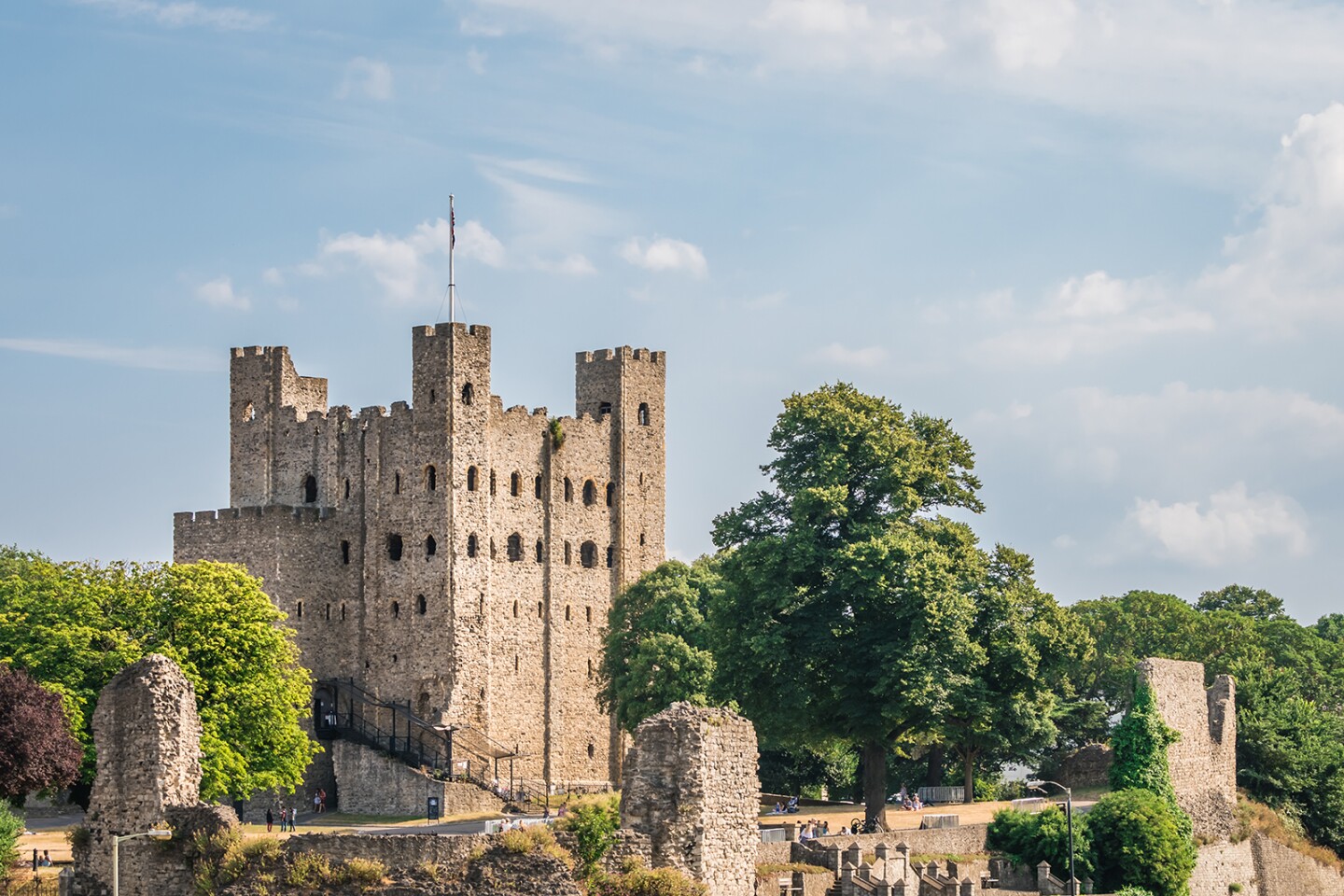 <h2>11. Rochester Castle</h2> <p><i>Rochester, England</i></p> <p> The 12th-century <a class="Link" href="https://www.visitmedway.org/attractions/rochester-castle-2436/" rel="noopener">Rochester Castle</a>, located in the county of Kent in southeast England, is very much in ruins, having withstood multiple sieges during its long history. Though the original 113-foot-high keep still stands, the rest of its vast interior is roofless. Pick up an audio tour for context, then roam atop the ancient battlements, which offer lovely views of the cobbled streets of Rochester and the Medway River below; parts of the crenellated curtain wall surrounding the castle date back to the late 11th century.</p> <h3>How to visit Rochester Castle</h3> <p>It’s a speedy 40-minute train ride to Rochester from <a class="Link" href="https://www.afar.com/travel-guides/united-kingdom/london/guide" rel="noopener">London</a>’s St. Pancras station, and the castle is a 10-minute walk from there.</p>