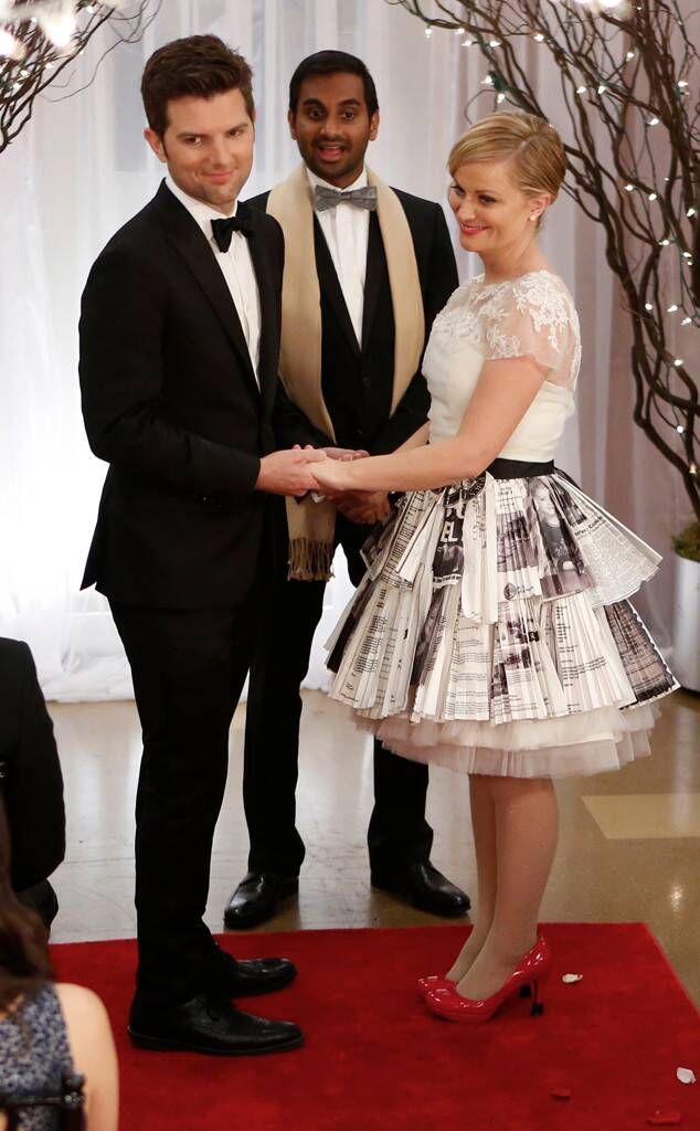 <p>When Ben and Leslie were in a rush to get married on <em>Parks and Rec</em>, Leslie asked her BFF Ann to finish her half-made wedding dress, asking for “the sensuality of Eleanor Roosevelt combined with the animal magnetism of Leslie Stahl.” What Ann came up with was a skirt made of meaningful bills and images from her career. Very Leslie, no?</p>