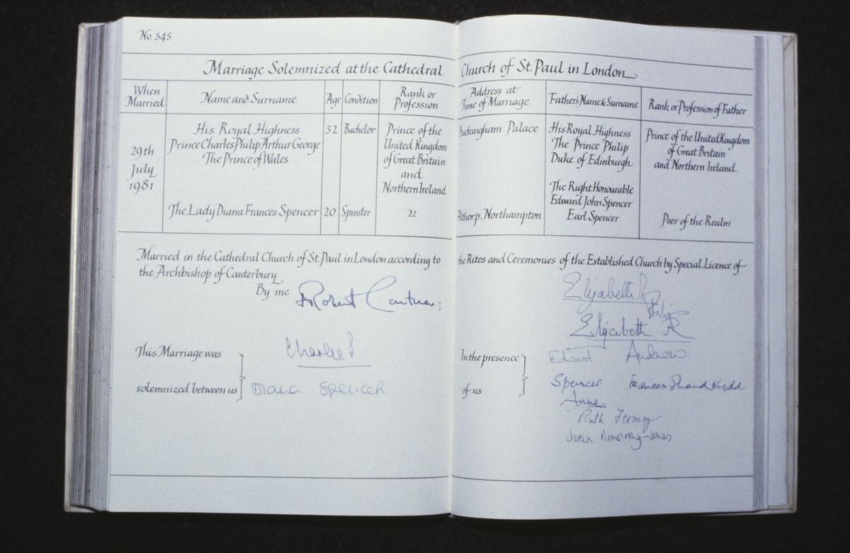 <p>Prince Charles and Princess Diana's signatures, along with those of their family as witnesses, make it <em>official </em>official.</p>
