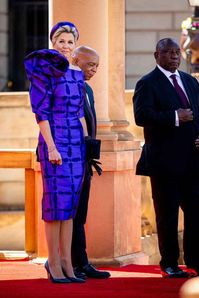 <p>Queen Maxima opted for a bold purple dress and matching hat, for the official welcome of the Dutch royals to South Africa. </p>