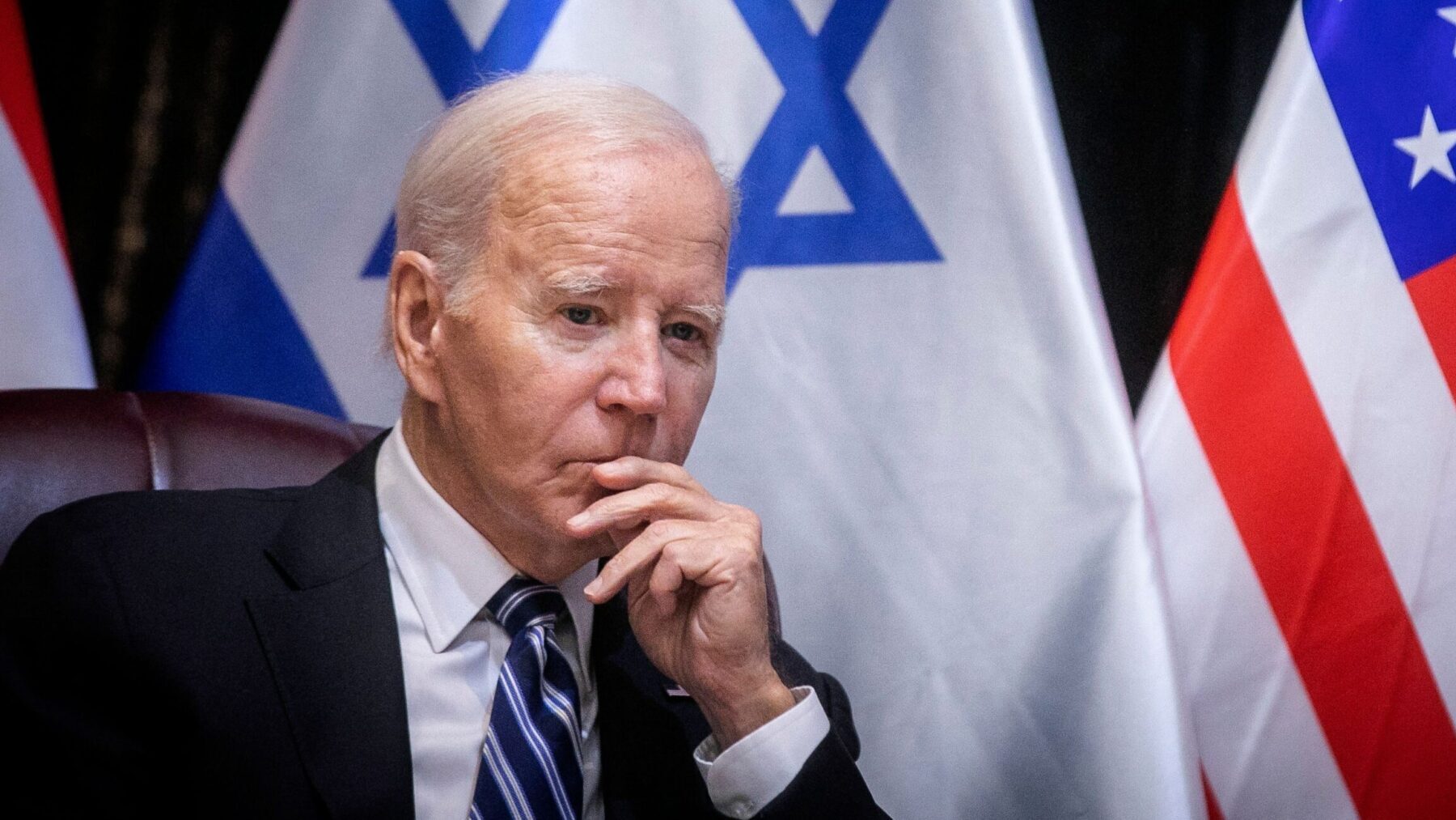 <p>President Joe Biden joins Israel’s prime minister for the start of the Israeli war cabinet meeting in Tel Aviv on Oct. 18, 2023.</p>