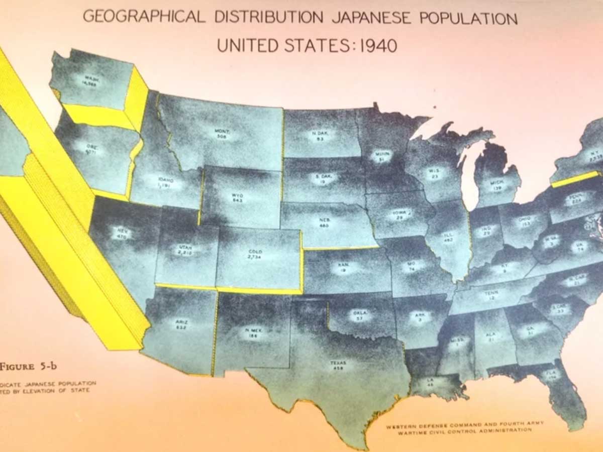 <p>Considering that the west coast of the United States is located closest to Japan, it's no surprise that a majority of Japanese American citizens resided in California in 1940. Currently, the state has the second largest Japanese American population, behind Hawaii. </p> <p>However, what's eerie about this map is the historical context. Only a few years after this map would have been published, more than 120,000 of these Japanese residents of the west coast would be forcibly interned in camps during World War II. </p>