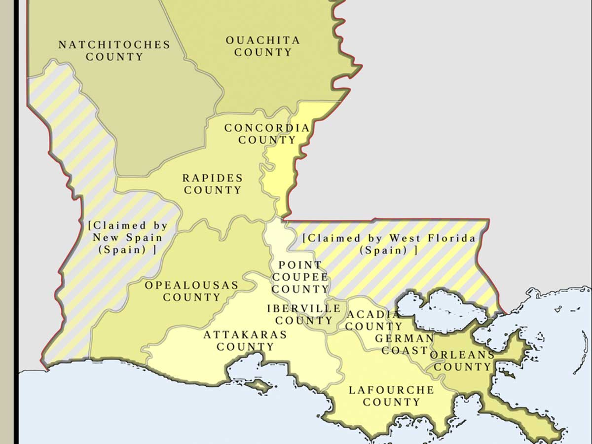 <p>It might look like modern-day Louisiana, but this is actually a map of the Orleans territory, which was in existence for only a few short years, from 1804 until 1812. At that point, it was admitted to the Union as Louisiana. As you can see, some areas were in dispute by Spain and Florida. </p> <p>Louisiana residents should notice another interesting change between this old map and the modern-day state. If you look closely, you'll see that the Orleans territory was divided up into counties. However, Louisiana is currently divided up into parishes--making it only one of two states that don't use the "county" designation. </p>