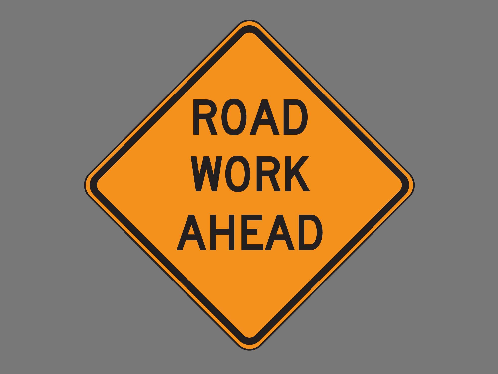 Roadwork. Work ahead. Road work. Road works ahead.