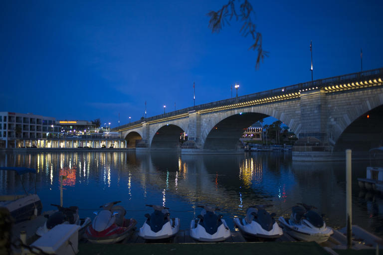The original London Bridge spans a channel of Lake Havasu in Arizona. It was purchased, moved here and reassembled.