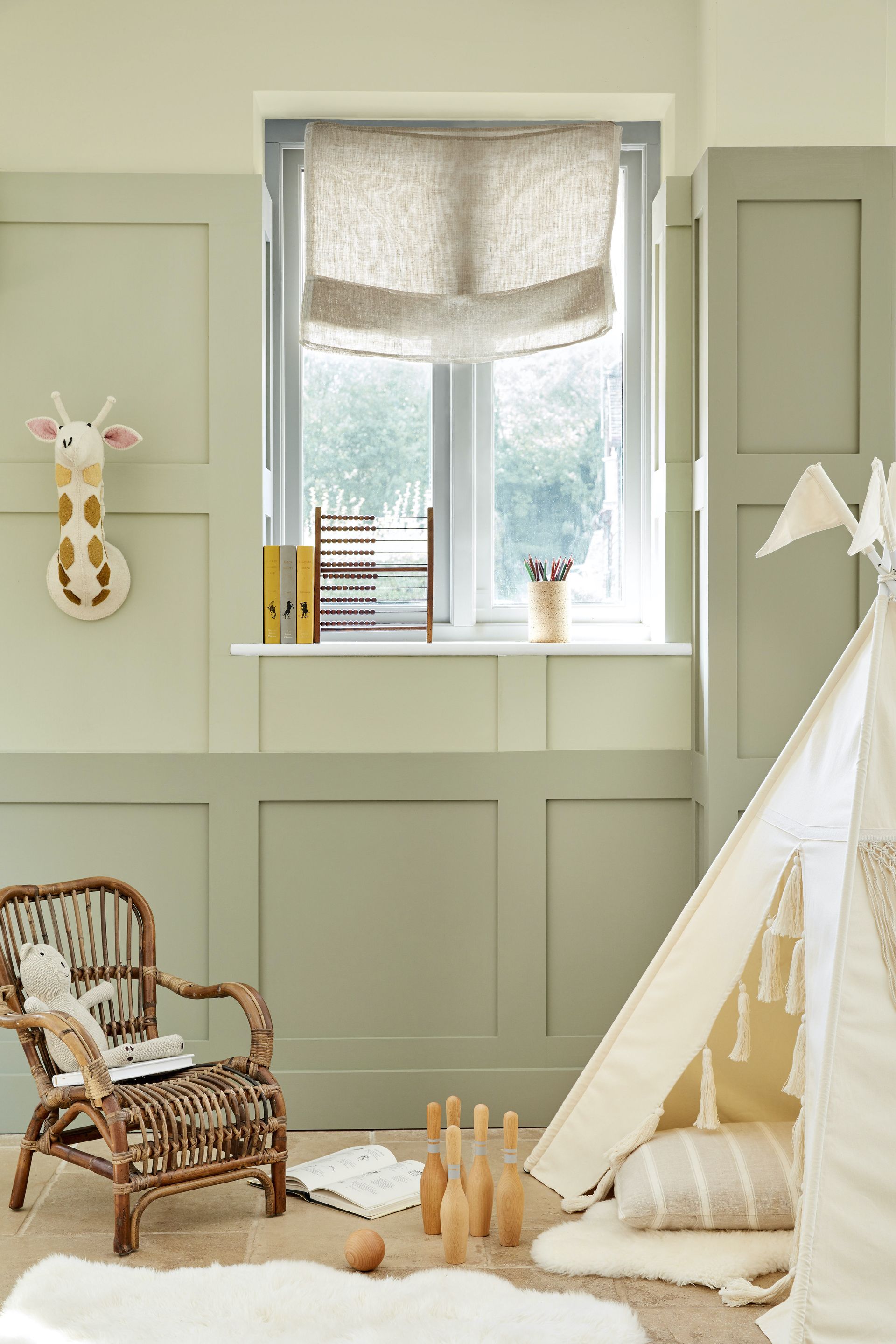 <p>                     To create a calming environment for younger children choose colors like green, which are known for being restful.                   </p>                                      <p>                     To change it up and not have a single color, why not pick three like in this playroom design by Little Greene? That way you can choose a darker shade, mid and pale, using the darker tone on the bottom and going lighter towards the top. This will create an ombre effect, and it’s also a good way to make a small low-ceilinged room feel larger and more spacious.                   </p>