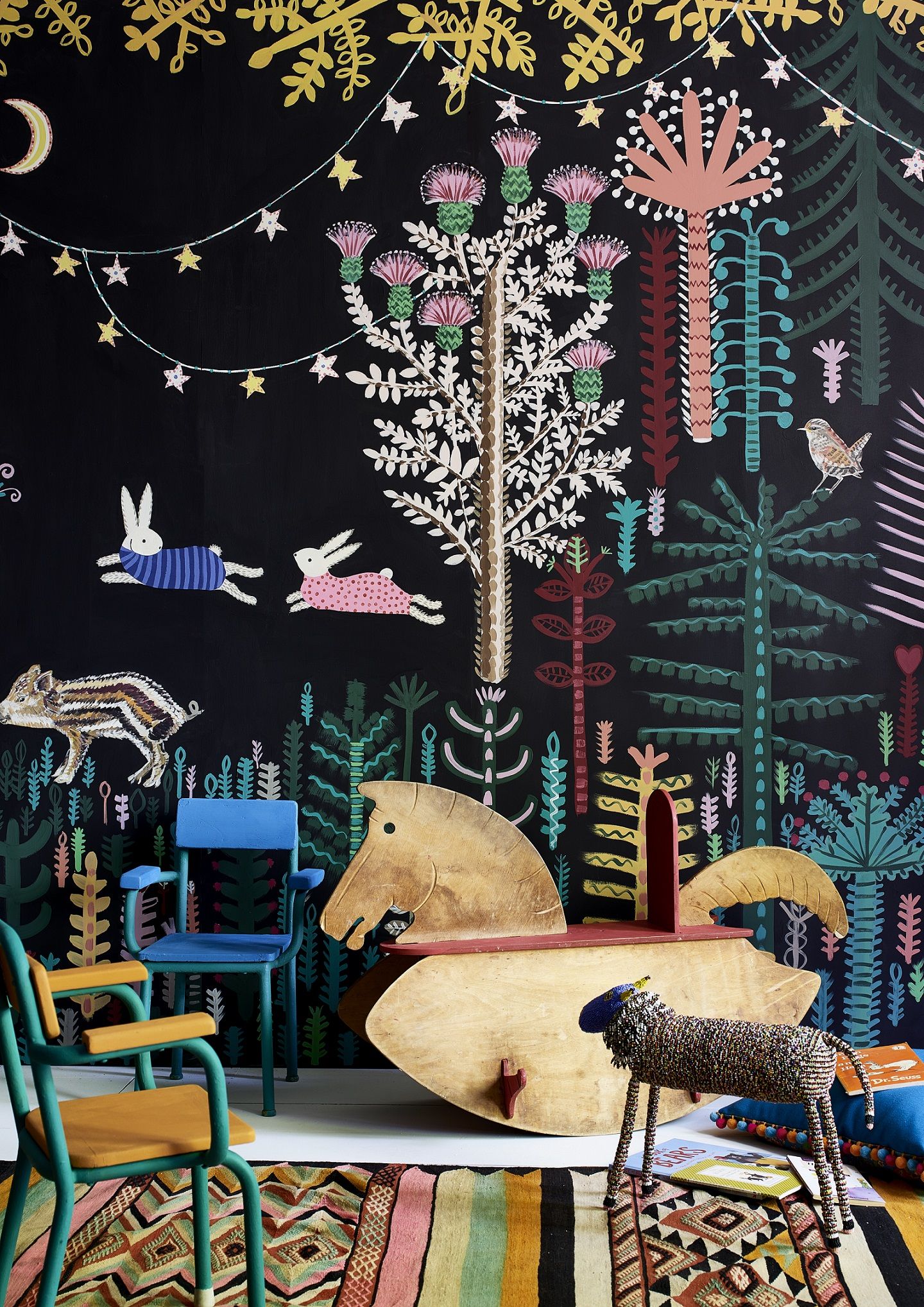<p>                     Using stencils or painting freehand on a neutral background can give a playroom a one-of-a-kind look – so if you're looking for wall murals with a twist, why not give it a go?                   </p>                                      <p>                     ‘The easiest and most cost-effective transformer, updating nursery furniture is a simple weekend activity that even the smallest hands can help with,’ says Annie Sloan, color and paint expert.                   </p>                                      <p>                     ‘Use up leftover tins of Chalk Paint™  from larger projects and don’t be fussy about the palette. Let the kids go wild with their choices, it’s their space after all! For those with a more artistic leaning, create your kids their very own mural, filled with favorite patterns and motifs – a wall full of color and imagination that will inspire bedtime stories for years to come.'                   </p>