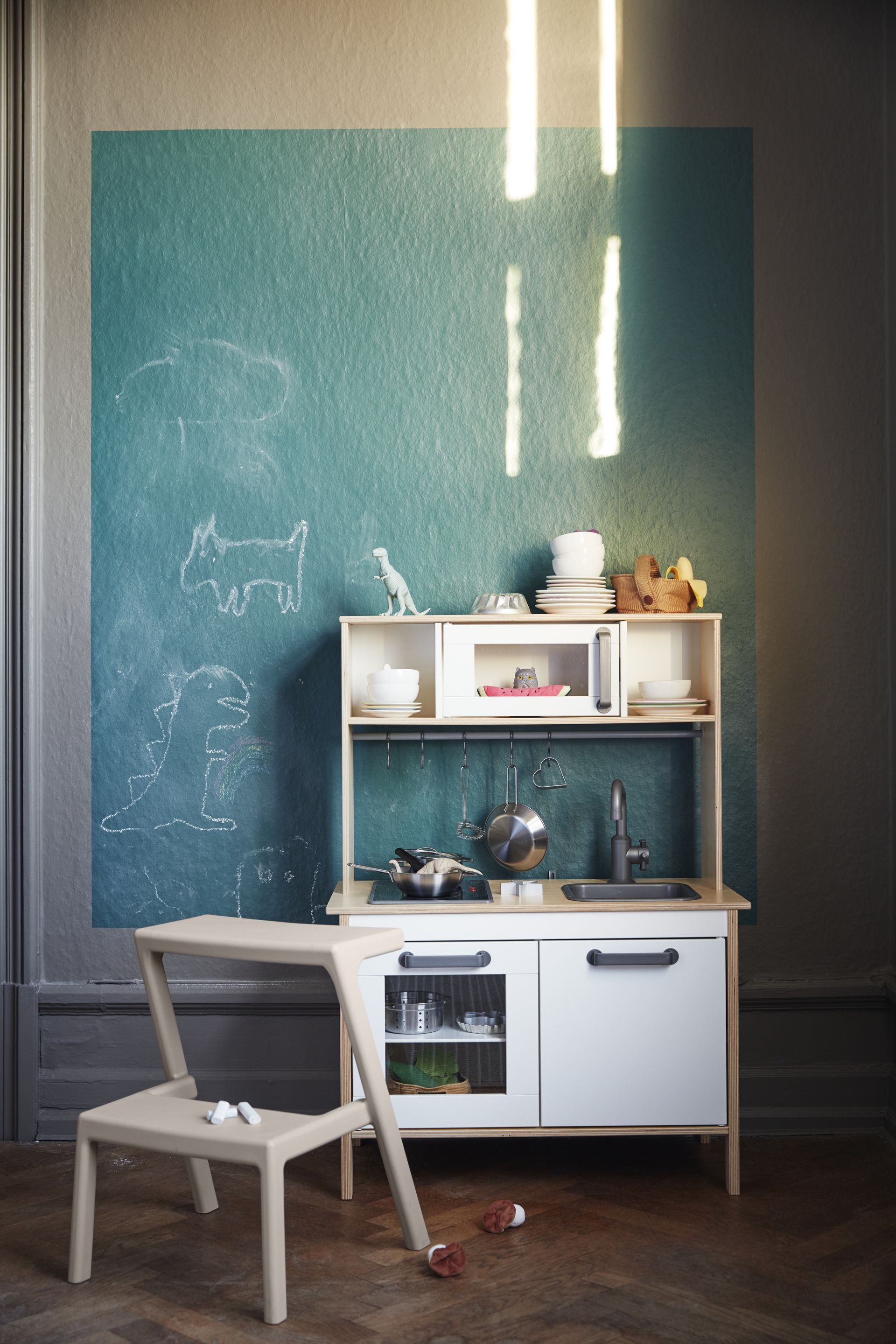 <p>                     Instead of buying reams of paper that will most likely end up in the recycling, why not use chalkboard paint in your playroom? It’s really effective and can easily be wiped down after. And if you choose blackboard paint as your base, your kids can use chalk to design – and constantly redesign – your walls.                   </p>                                      <p>                     ‘Many children thrive on creativity and the freedom that comes from designing and creating their own artwork,’ says Tom Parker, children’s business leader at Ikea.                   </p>                                      <p>                     ‘Create a moment of calm and inspire your child’s inner artist. Having their own personal canvas is a wonderful way to encourage them to embrace their inner Picasso, experiment with their artistic freedom, express themselves and develop their mobility skills.                   </p>                                      <p>                     'Play has an important role in every child’s growth, encouraging the development of their language and social skills, and providing endless ways to keep them entertained.’                   </p>